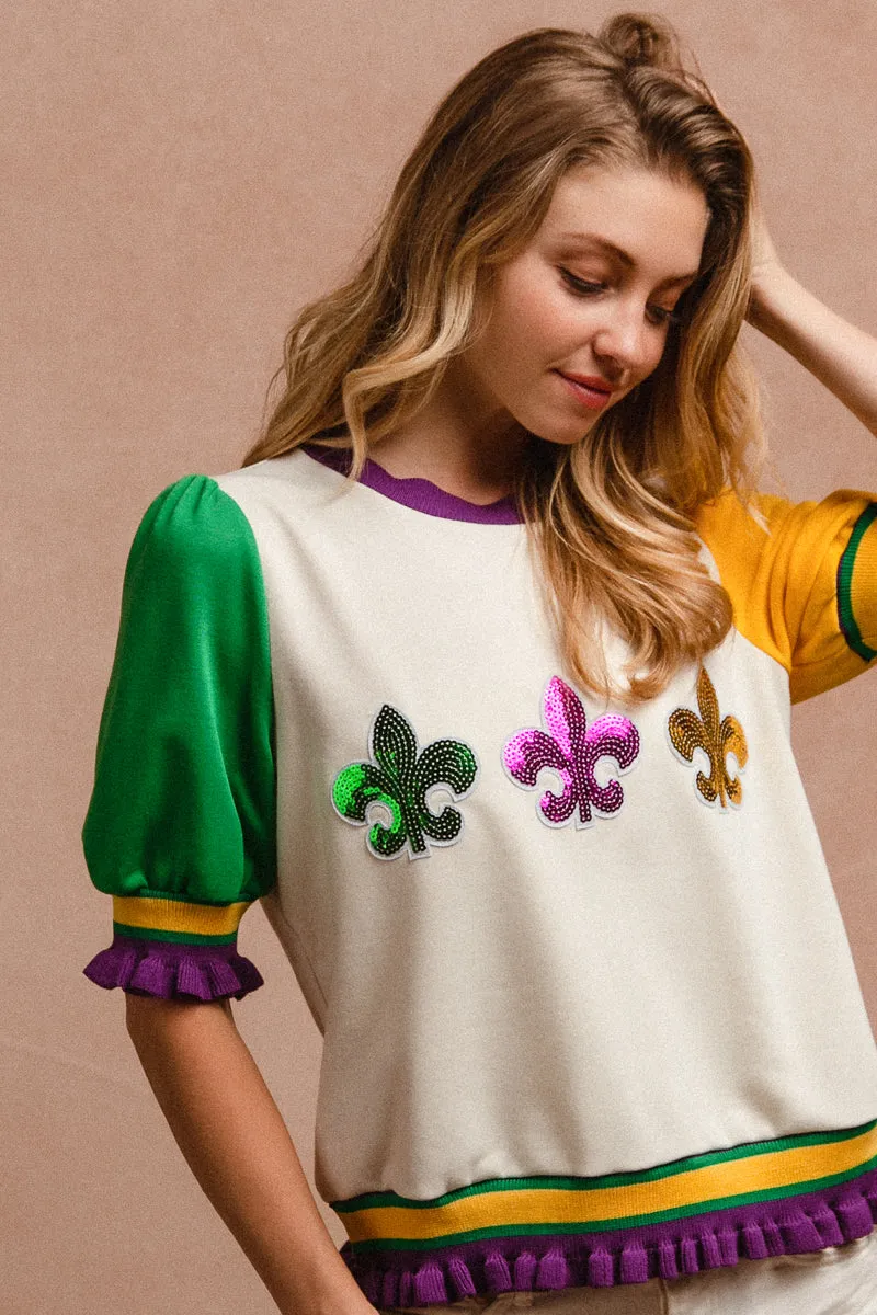 Soft Color Glow IT3352S-03 | MARDIGRAS THEME FRENCH TERRY COLOR BLOCK TOP