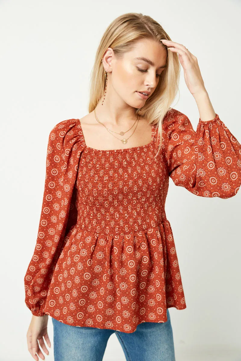 Layered Ventilation Zones Stretch Fit Top Puff Sleeve Smocked Peplum Top