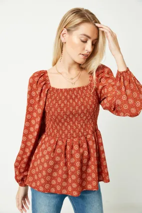 wrinkle free finish Rolled Hem Detailing Puff Sleeve Smocked Peplum Top