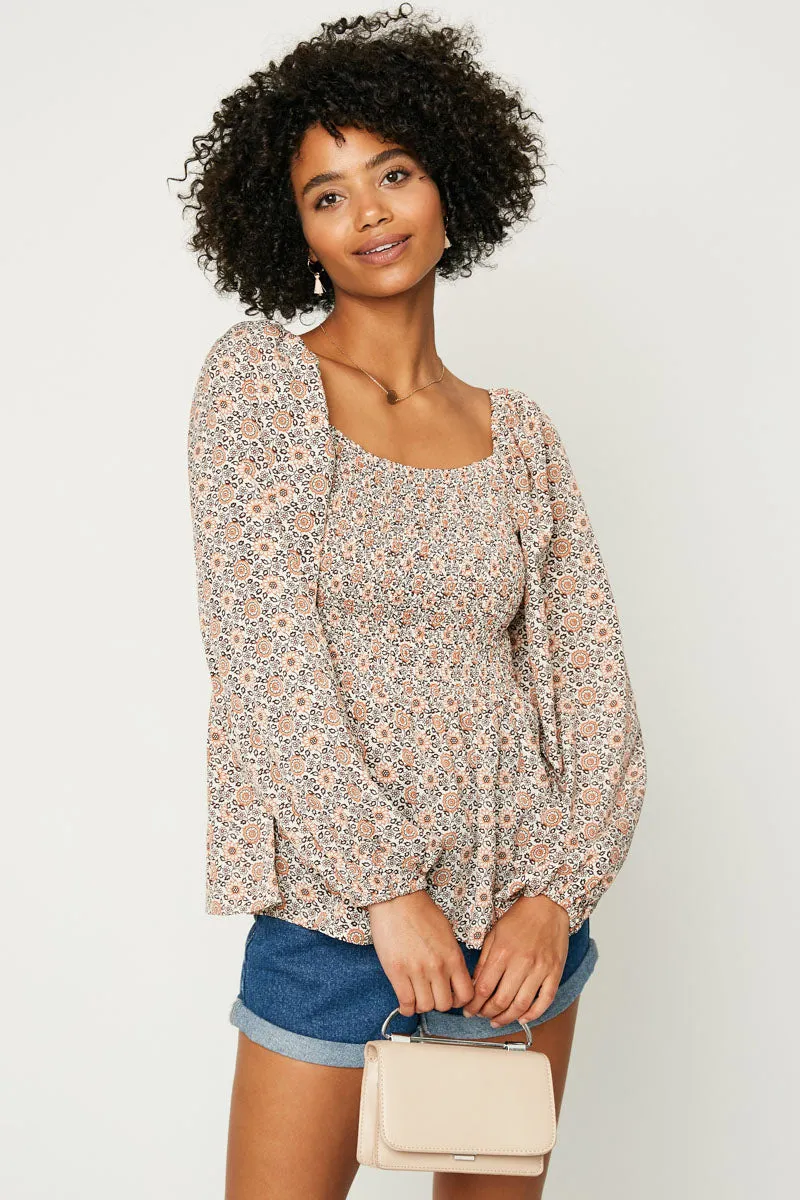 Rubberized grip Easy Wear Puff Sleeve Smocked Peplum Top