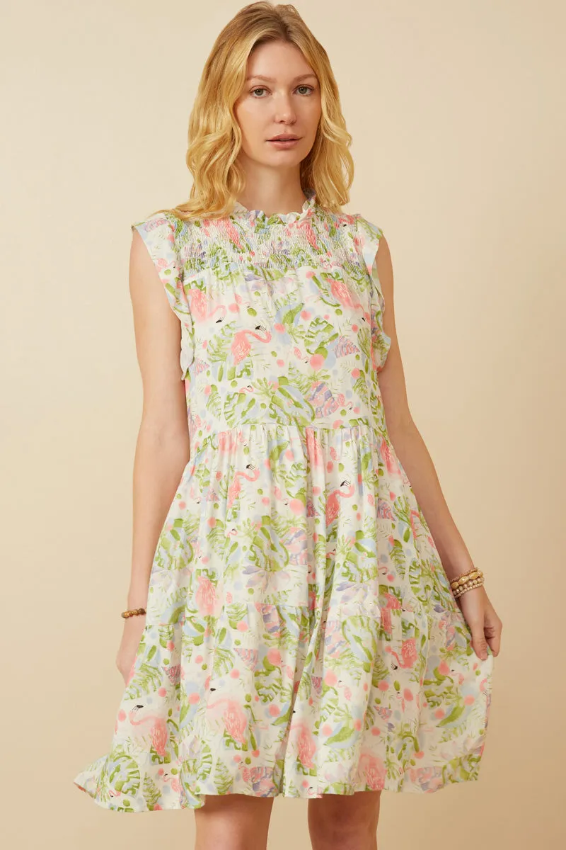 Korean Trend Elegant Mature Womens Flamingo Print Smocked Ruffled Dress