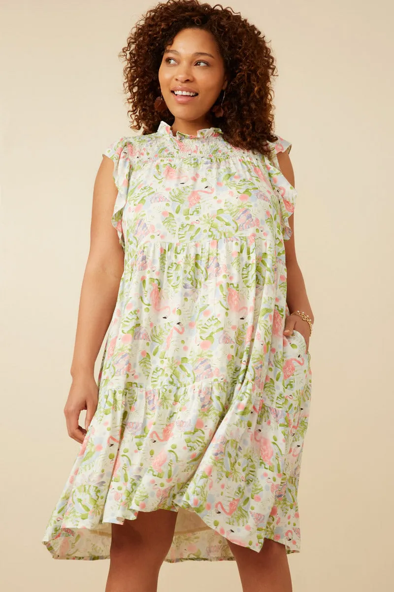 Womens Flamingo Print Smocked Ruffled Dress Work Fitwear Neat Finish