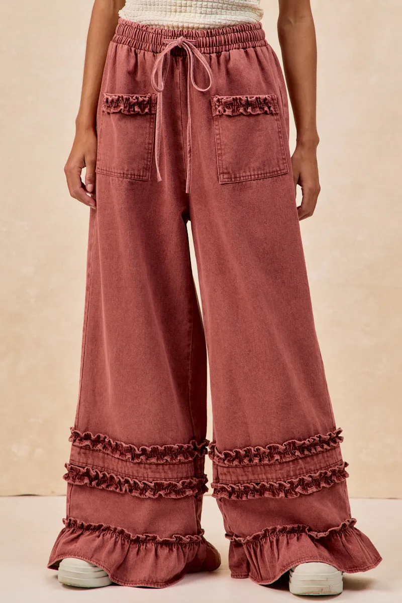 Urban Edge IB1853H-01 | WASHED DENIM WIDE PANTS WITH RUFFLED DETAILS