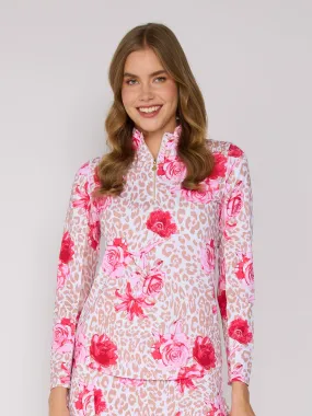 AntiPill Finish Stretchable Neckline Quarter Zip Sun Protection Top In Beige Leopard Floral