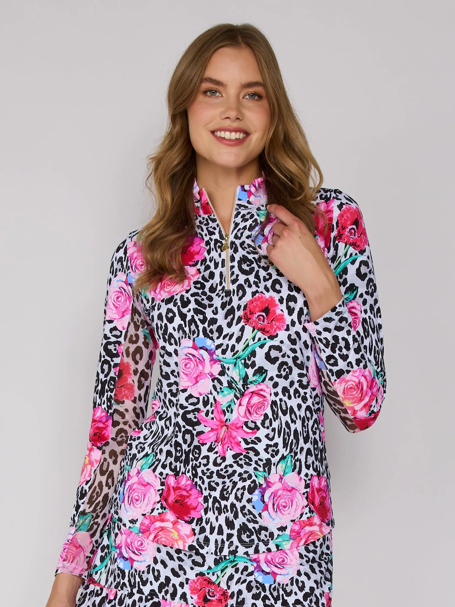 Lightweight Fabric simple design Quarter Zip Sun Protection Top In Black Leopard Floral