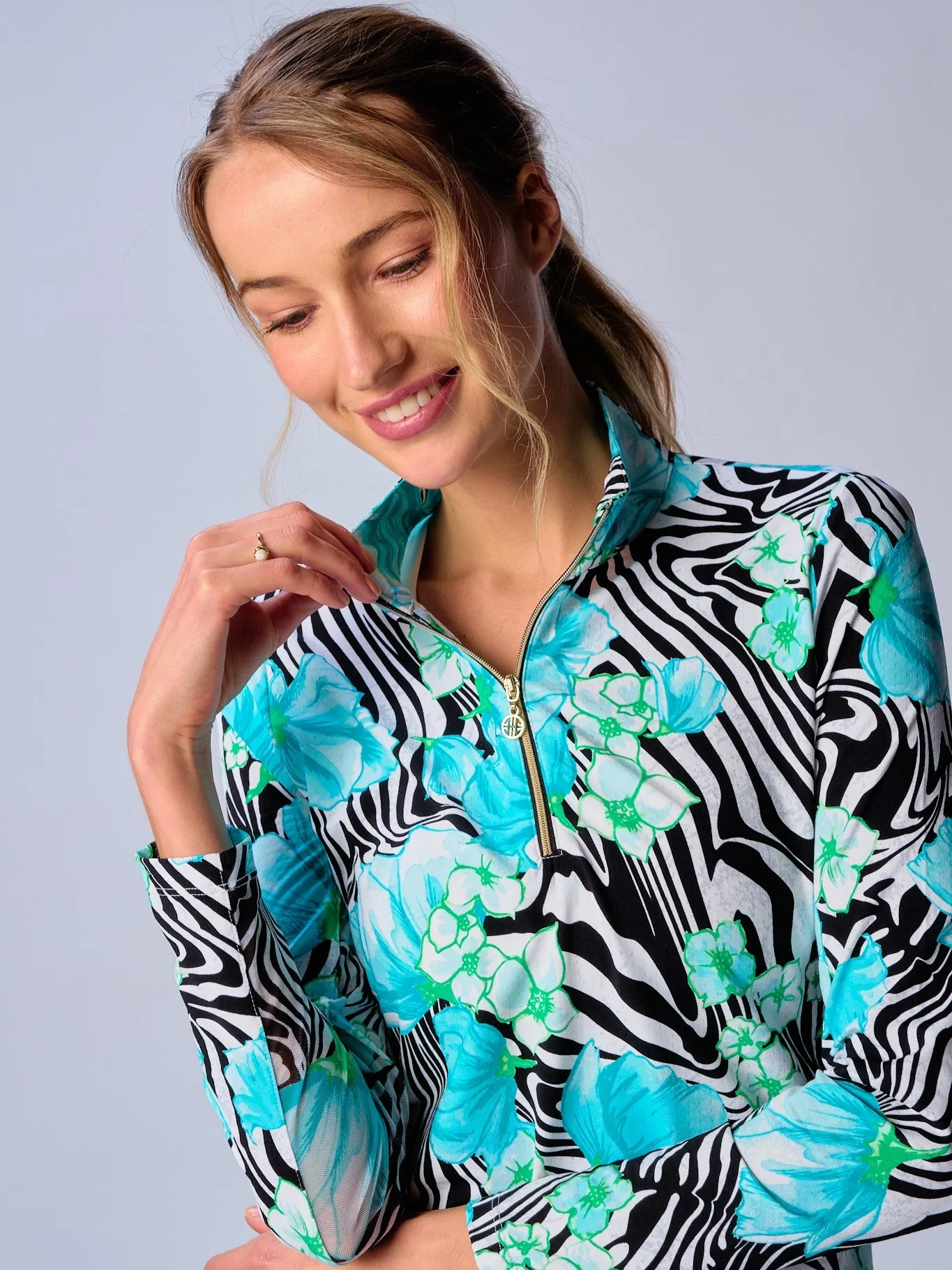 Bamboo Fiber Fabric Quarter Zip Sun Protection Top In Black Zebra
