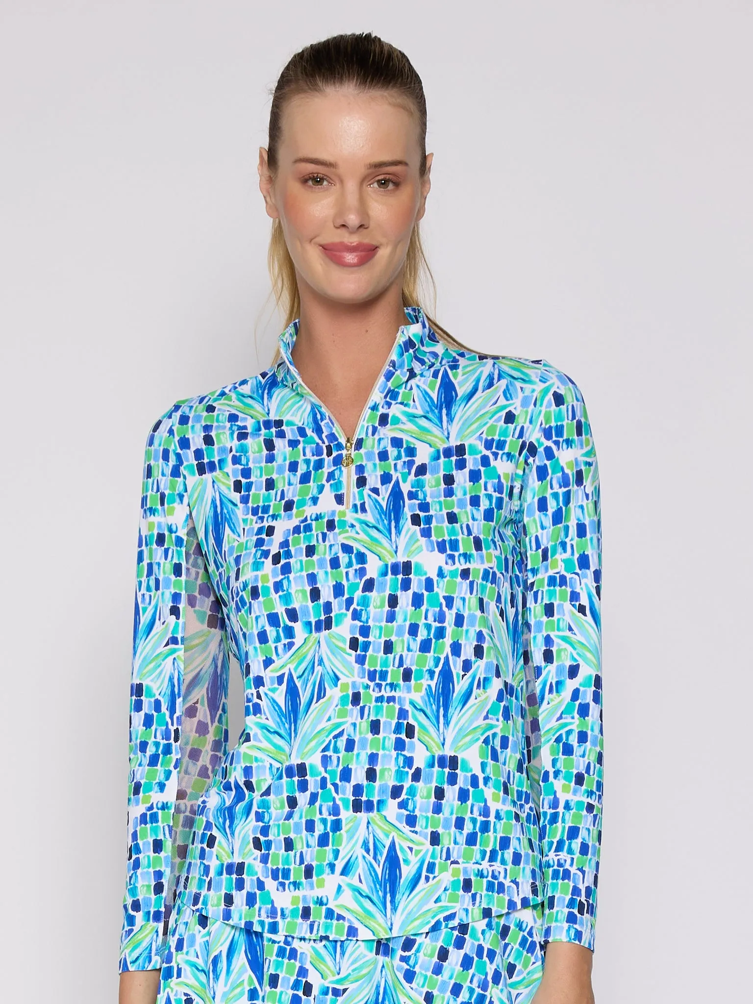 Quarter Zip Sun Protection Top In Blue Pineapple Soft Wool