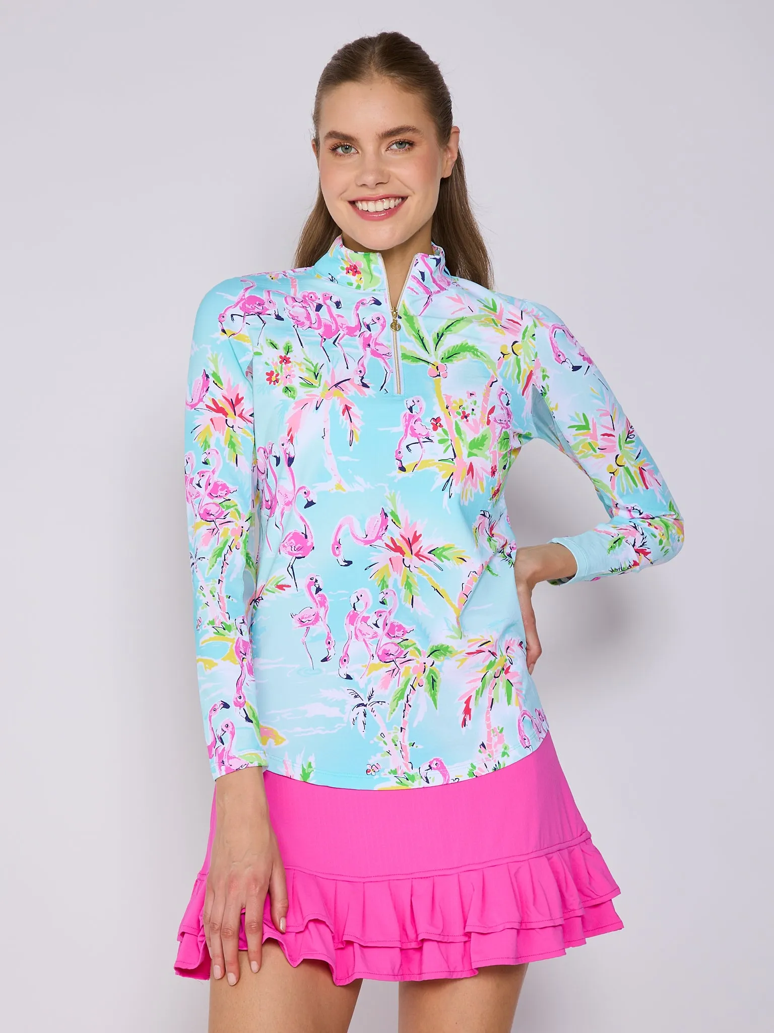 Quarter Zip Sun Protection Top In Flamingo Island PunctureResistantReinforcement Drop Shoulder Silhouette