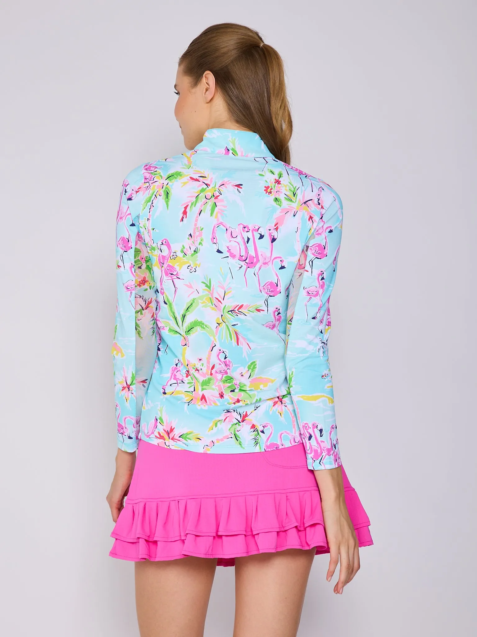 Quarter Zip Sun Protection Top In Flamingo Island Adjustable Cuffs