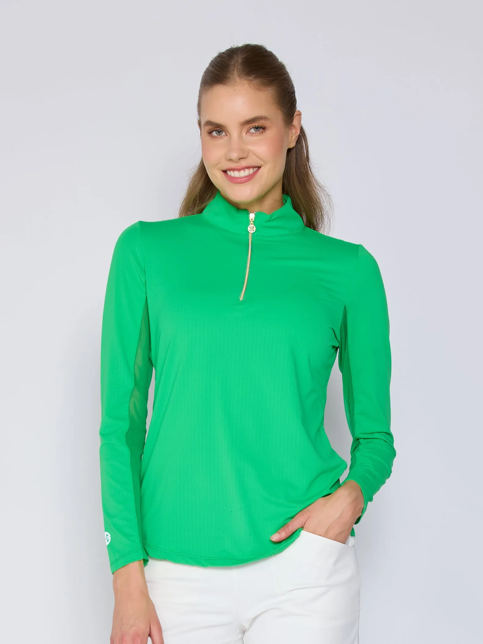 Quarter Zip Sun Protection Top In Kelly Green Tencel Blend Fabric