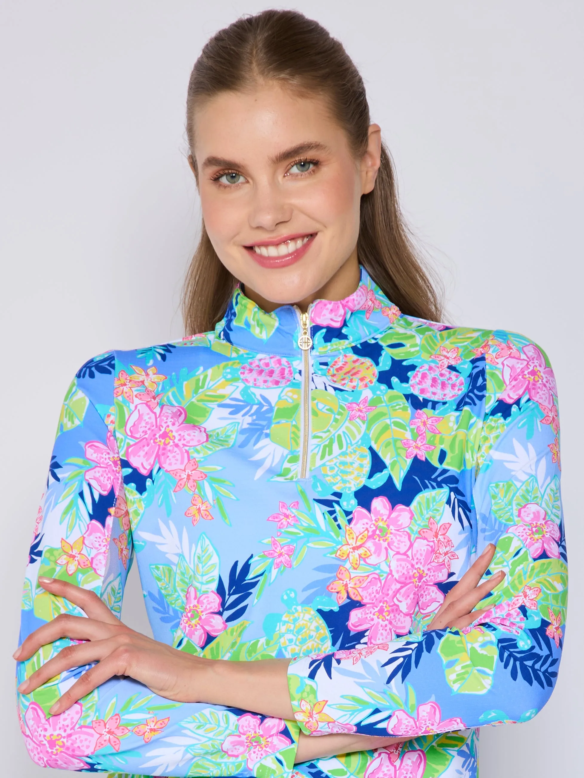 Double Needle Hemming Quarter Zip Sun Protection Top In Key Largo