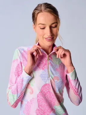 Quarter Zip Sun Protection Top In Multi Paisley Reinforced Shoulder Panels MultiFunctional Pocket Placement