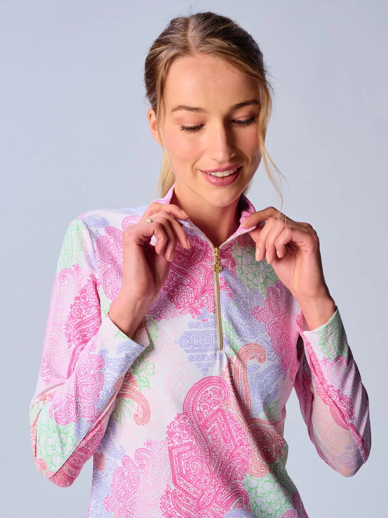 Quarter Zip Sun Protection Top In Multi Paisley Relaxed Silhouette Winter Wardrobe