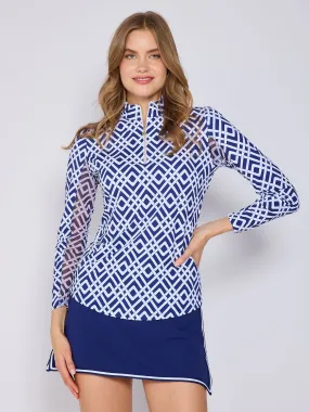 Rubberized grip Quarter Zip Sun Protection Top In Trelis Navy White