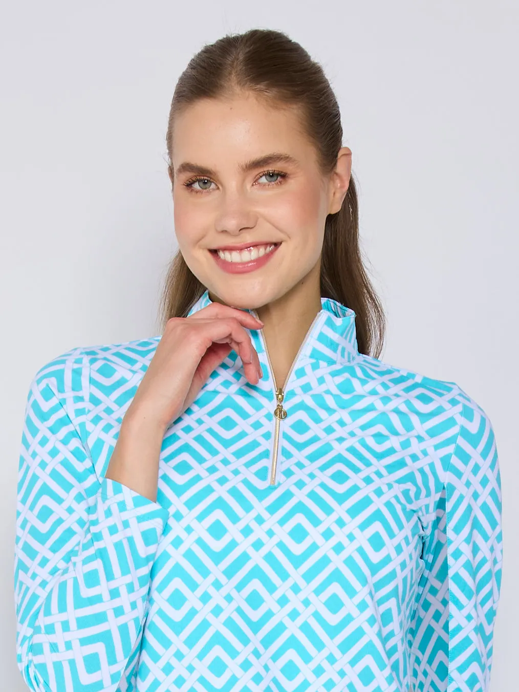 Raw Edge Detail ThermalRegulating Quarter Zip Sun Protection Top In Trelis Turq White