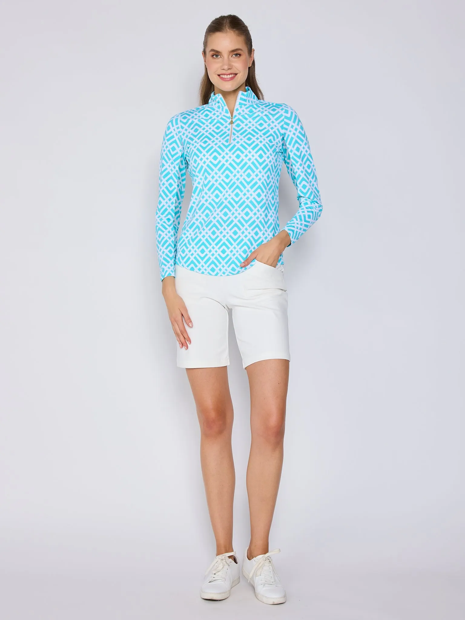 Quarter Zip Sun Protection Top In Trelis Turq White Fleece Pullover Simple Shirt