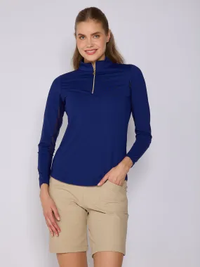 Quarter Zip Sun Protection Top In True Navy Breathable Linen Blend
