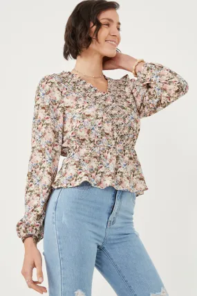 Floral Print Ruffled Smock Surplice Top UV protection layer