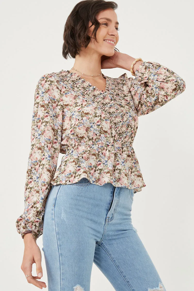 Floral Print Ruffled Smock Surplice Top UV protection layer