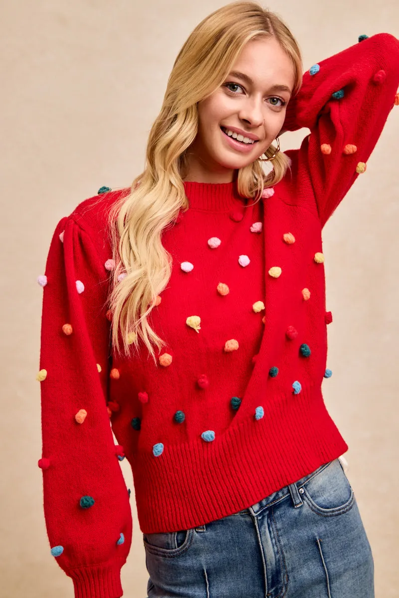 IT4753S-01 | CHRISTMAS THEME MULTI POMPOM KNIT TOP Flexible Shoulder Design