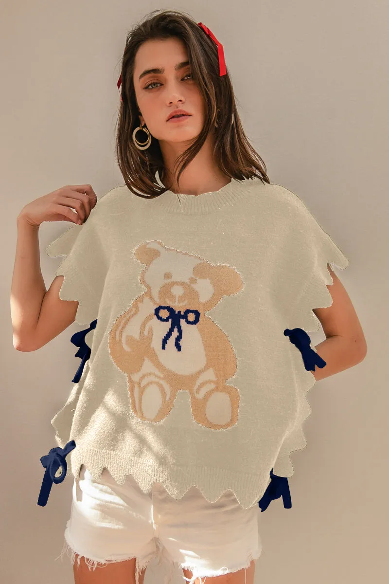 Snap Closures Effortless Look IT2337R-05 | SIDE TIE TEDDY BEAR SWEATER TOP WITH SCALLOP DETAIL