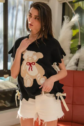Winter Outerwear Minimalist Style IT2337R-05 | SIDE TIE TEDDY BEAR SWEATER TOP WITH SCALLOP DETAIL