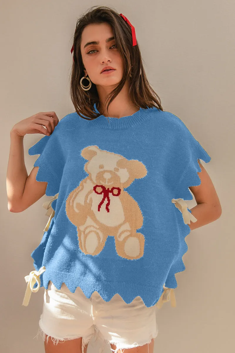 IT2337R-05 | SIDE TIE TEDDY BEAR SWEATER TOP WITH SCALLOP DETAIL Rugged Daily Style Modern Minimal
