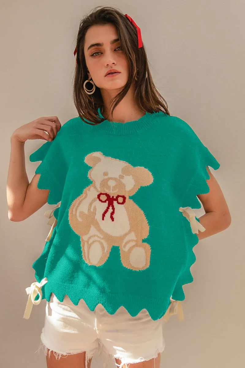 Oversized style IT2337R-05 | SIDE TIE TEDDY BEAR SWEATER TOP WITH SCALLOP DETAIL