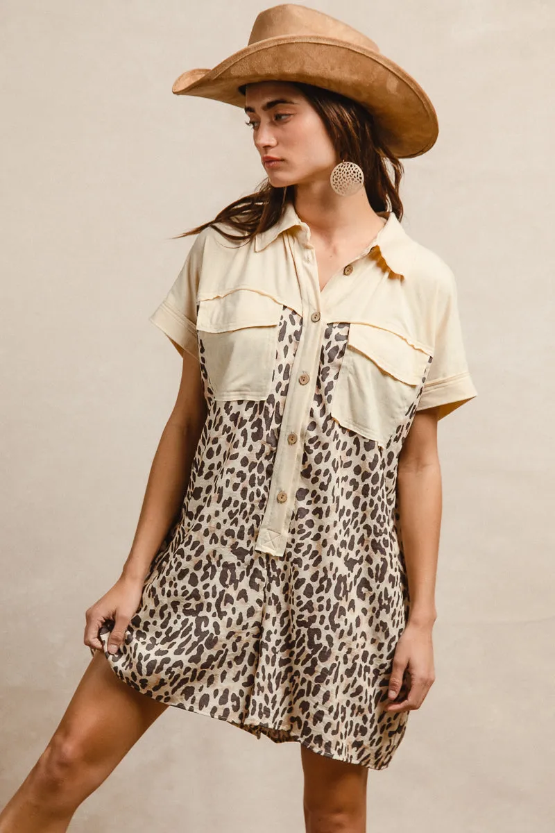 IB1670S-02 | LEOPARD PRINT COMBO BUTTONED COLLARED JUMPSUIT AntiSlipGrip Metallic accents