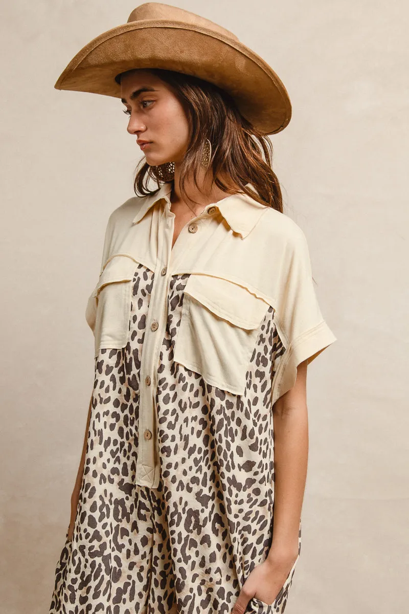 IB1670S-02 | LEOPARD PRINT COMBO BUTTONED COLLARED JUMPSUIT MultiPocket High Rise