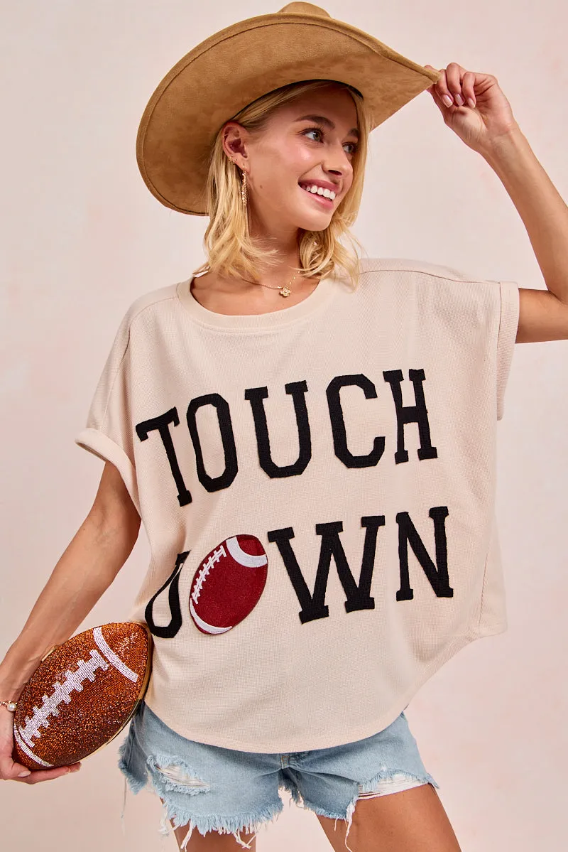 RibbedCollar BondedHemline IP8188G-60 | GAMEDAY TOUCHDOWN LETTER PATCHES WAFFLE SHORT TOP