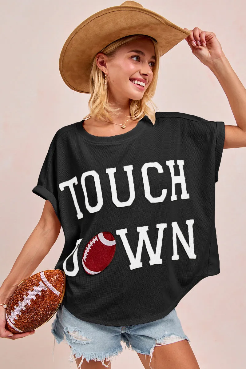 IP8188G-60 | GAMEDAY TOUCHDOWN LETTER PATCHES WAFFLE SHORT TOP Simple Cut Sporty Sweatshirt