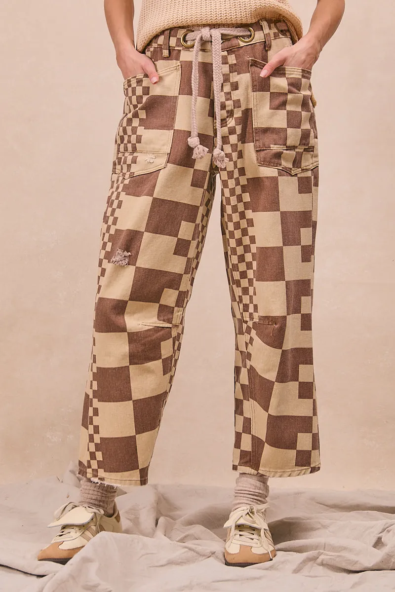Comfy Fit Piece IB1537R-09 | WASHED CHECKER BOARD PRINTED BRAIDED WAIST BELT DENIM PANTS