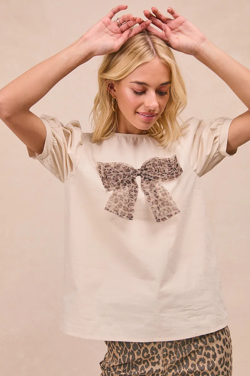 Durable Color Retention IT4107S-02 | SOLID WOVEN LEOPARD MESH BOW PATCHED PUFF SLEEVES TOP-BACK KEY HOLE