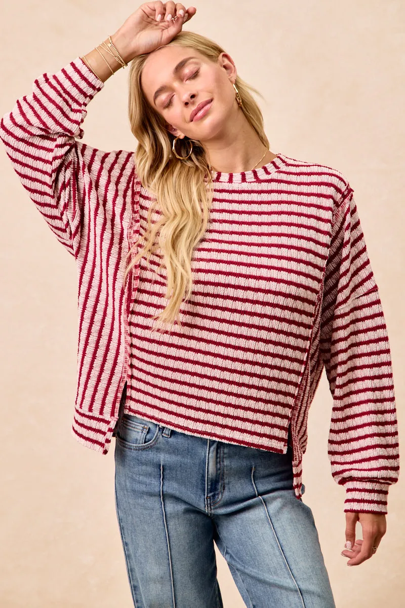 Chill Ready Eco Certified Textile IT4458S-01 | TEXTURED STRIPE KNIT TOP OPEN SEAM DETAIL
