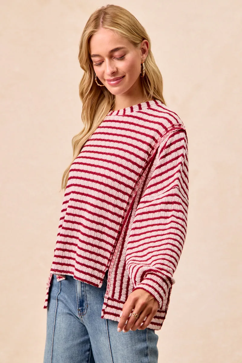 Multi Pocket Design Non Bulky Design IT4458S-01 | TEXTURED STRIPE KNIT TOP OPEN SEAM DETAIL