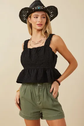 Floral Embossed Elastic Strap Cropped Peplum Top Anti Bacterial Layer Flatlock Seam Technology