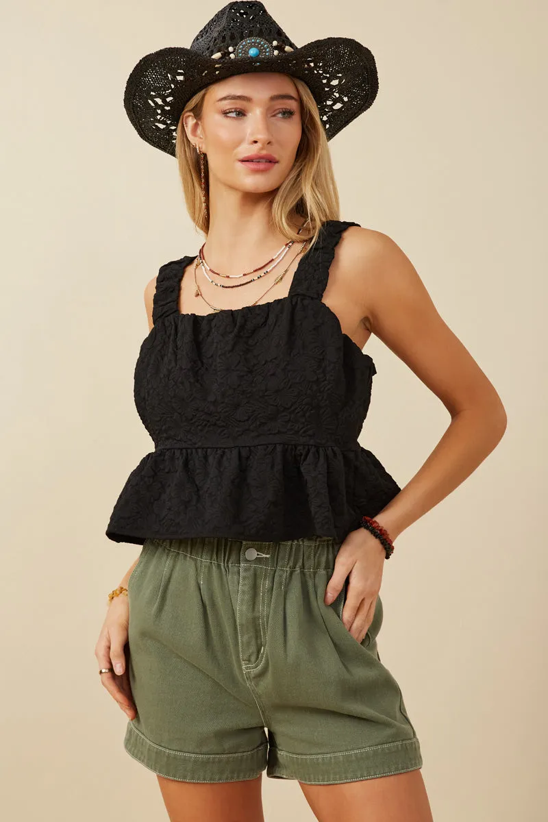 Adjustable Hem Drop Shoulder Cut Floral Embossed Elastic Strap Cropped Peplum Top