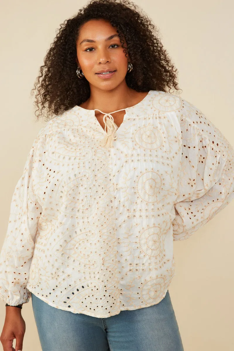 Resilient Fabric Blend Eyelet Embroidered Tasseled Dolman Top