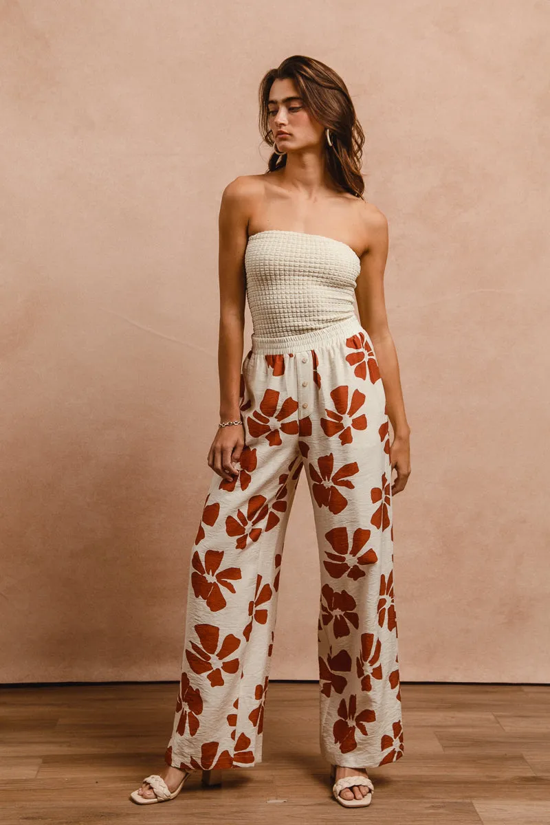IB1654-01 | FLORAL PRINT WOVEN ELASTIC WAIST PANTS WITH SIDE POCKETS Durable Hemming Bi Stretch Fabric