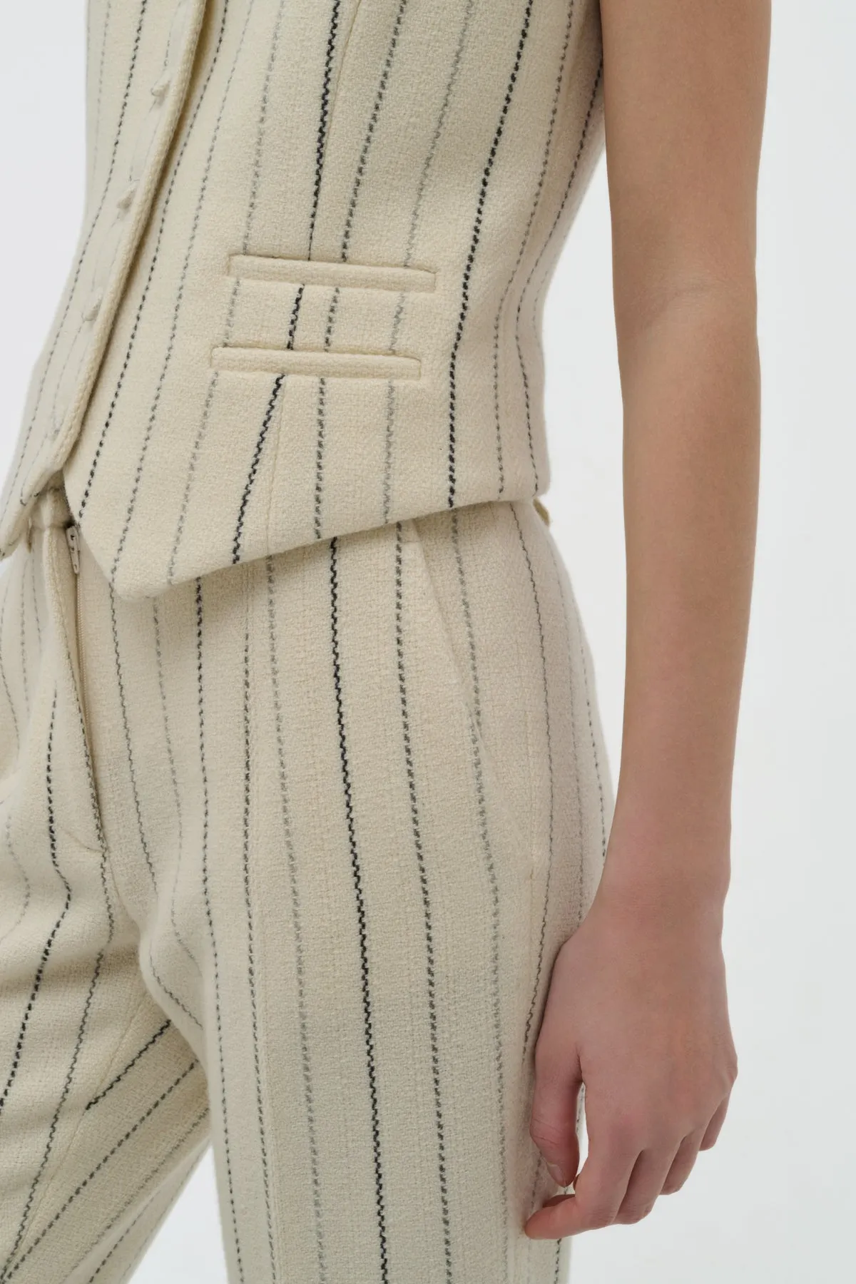Rhein Flare Pant in Ivory Multi Pinstripe Wool Cashmere AdjustableCuffSystem FadeResistant