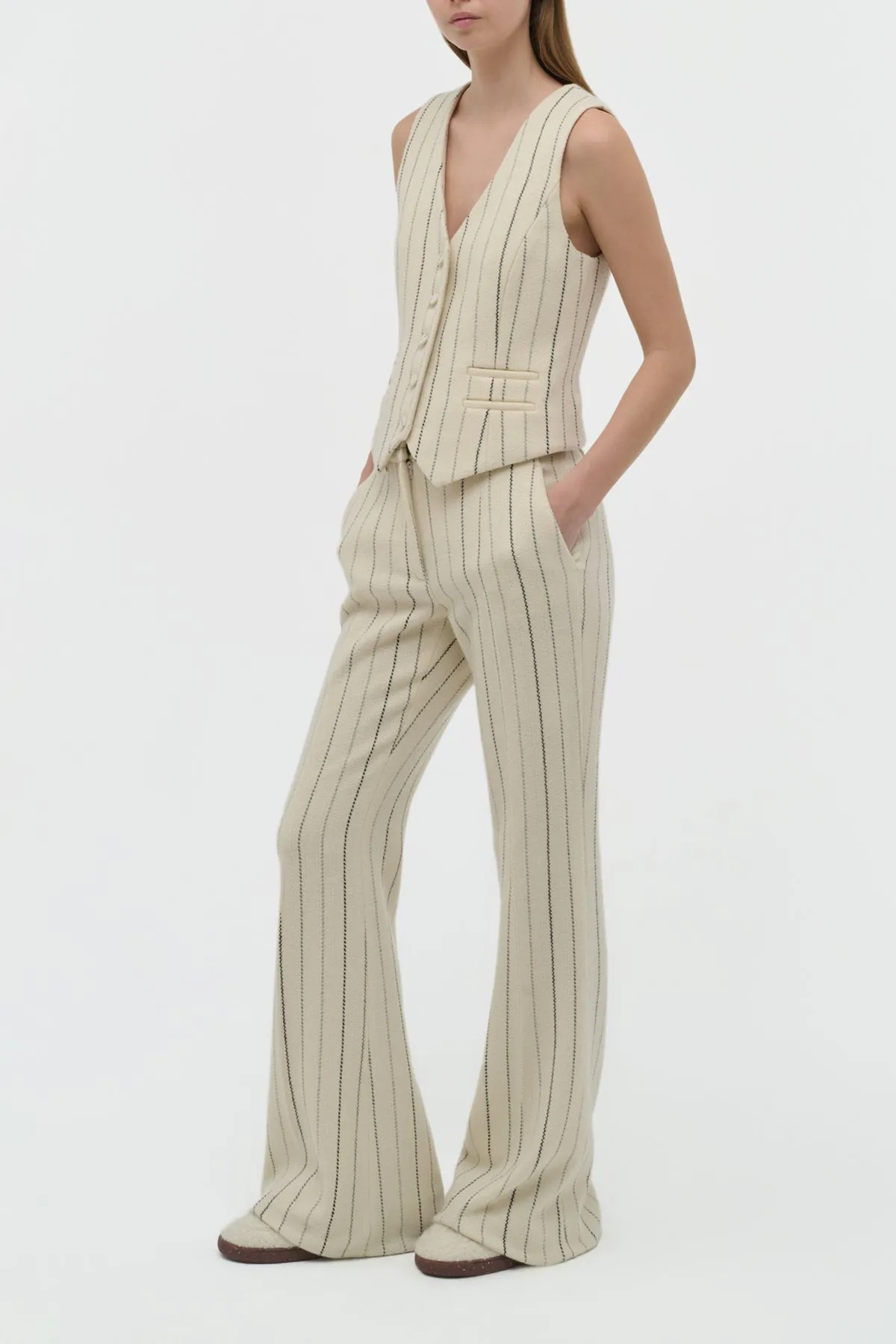LayeredPanel Quick Dry Material Rhein Flare Pant in Ivory Multi Pinstripe Wool Cashmere