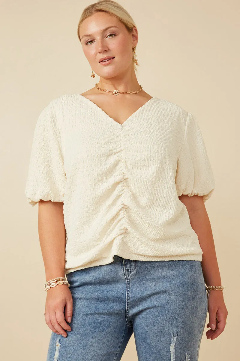 ConvertibleCollar Puff Sleeve V Neck Gathered Front Top