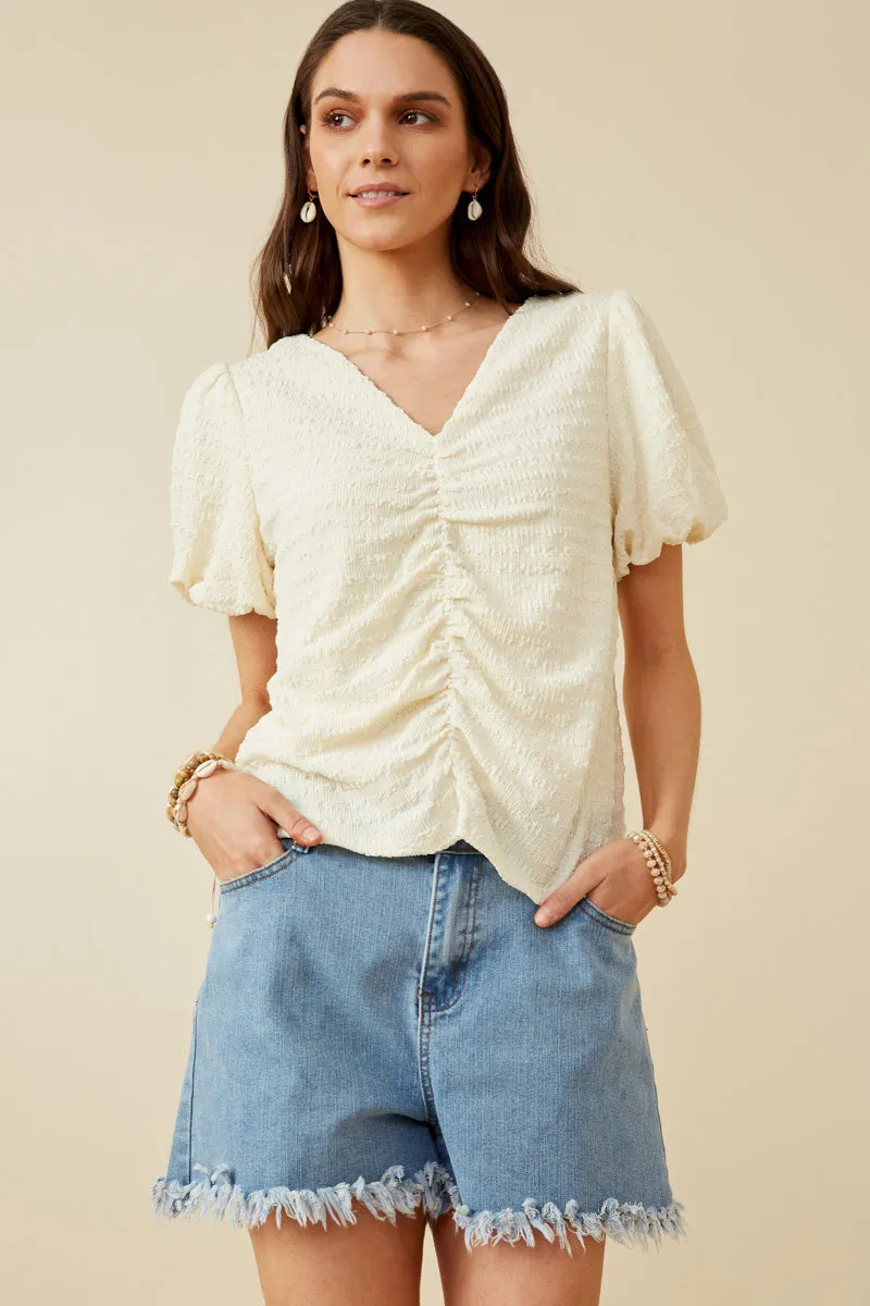 Puff Sleeve V Neck Gathered Front Top MinimalistStyle Biodegradable Fiber Blend