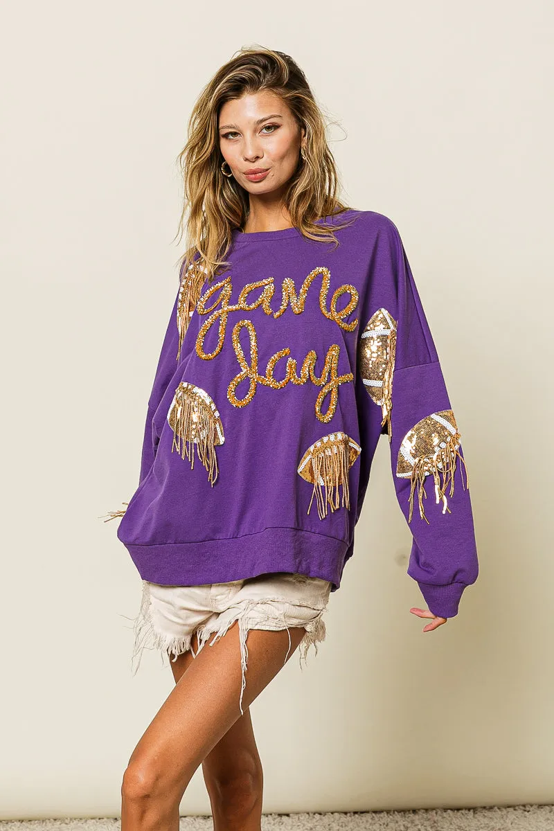 Light Weight IP8321G-04 | SEQUIN FRINGED FOOTBALL PATCH GAME DAY SWEATSHIRT