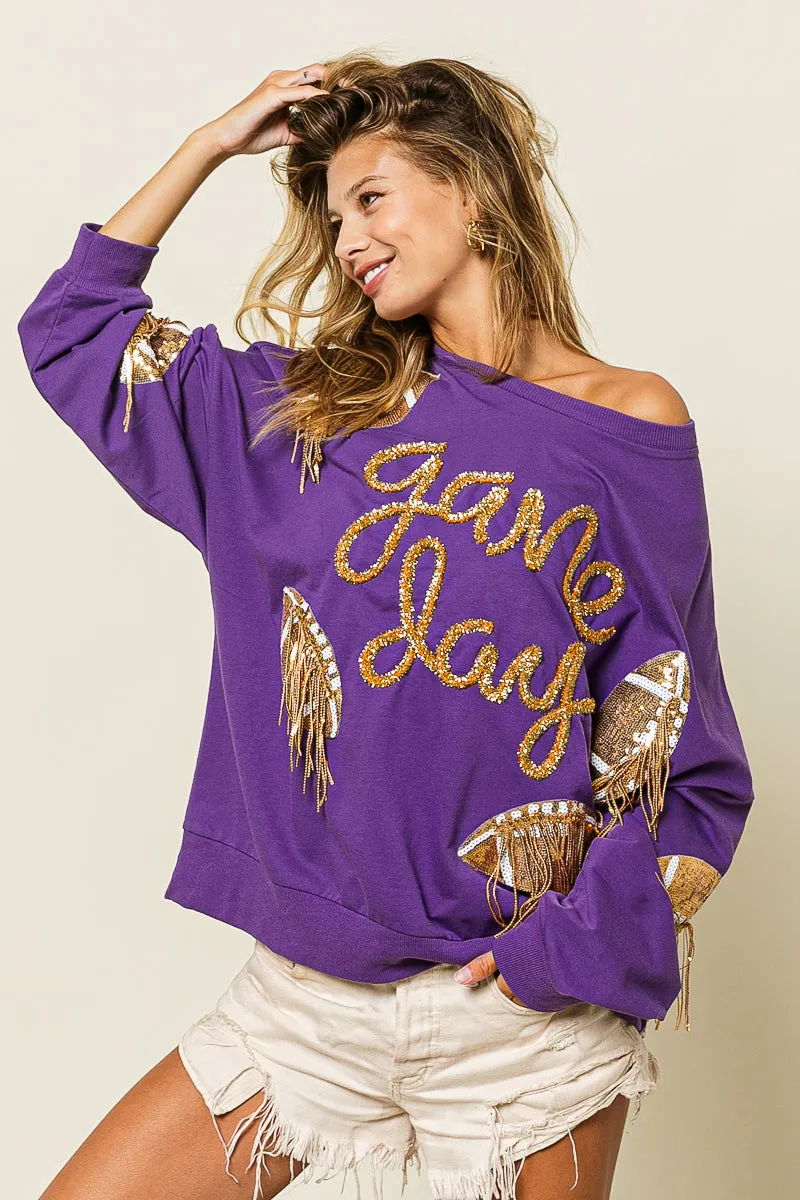 IP8321G-04 | SEQUIN FRINGED FOOTBALL PATCH GAME DAY SWEATSHIRT Reinforced Seam Durability