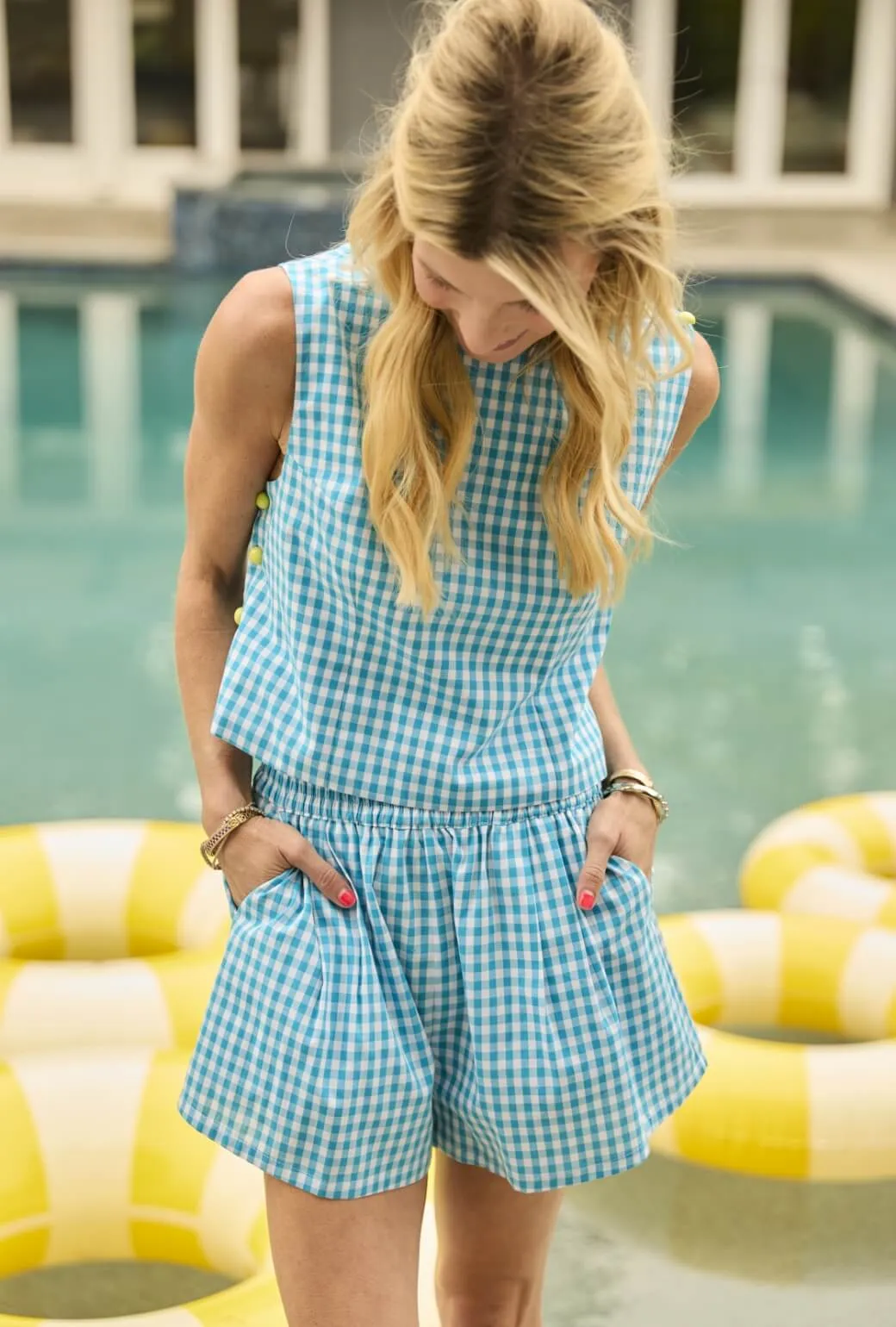 stain guard Everyday Shorts - Turquoise Gingham