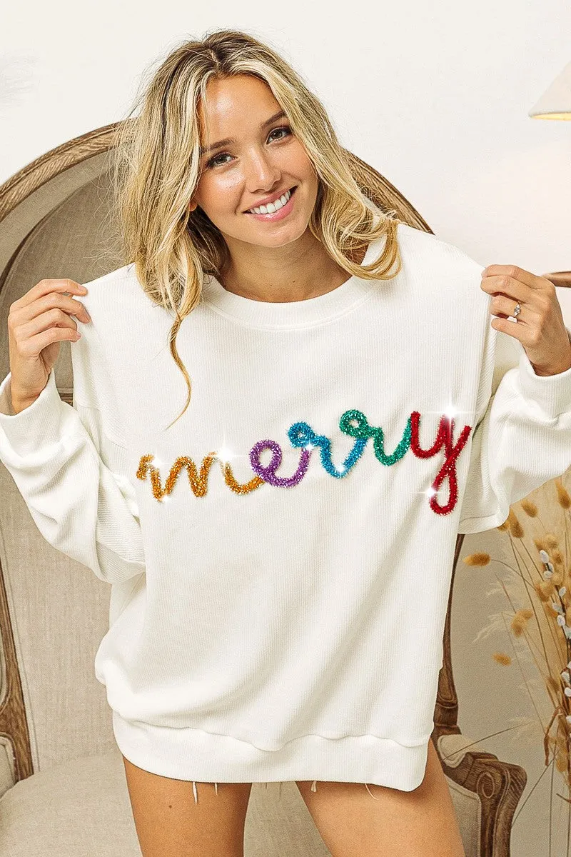 Quick Release Fasteners Insulated Warmth IP8232-44 | MERRY TINSEL LETTERING TWO TONE RIB PULLOVER