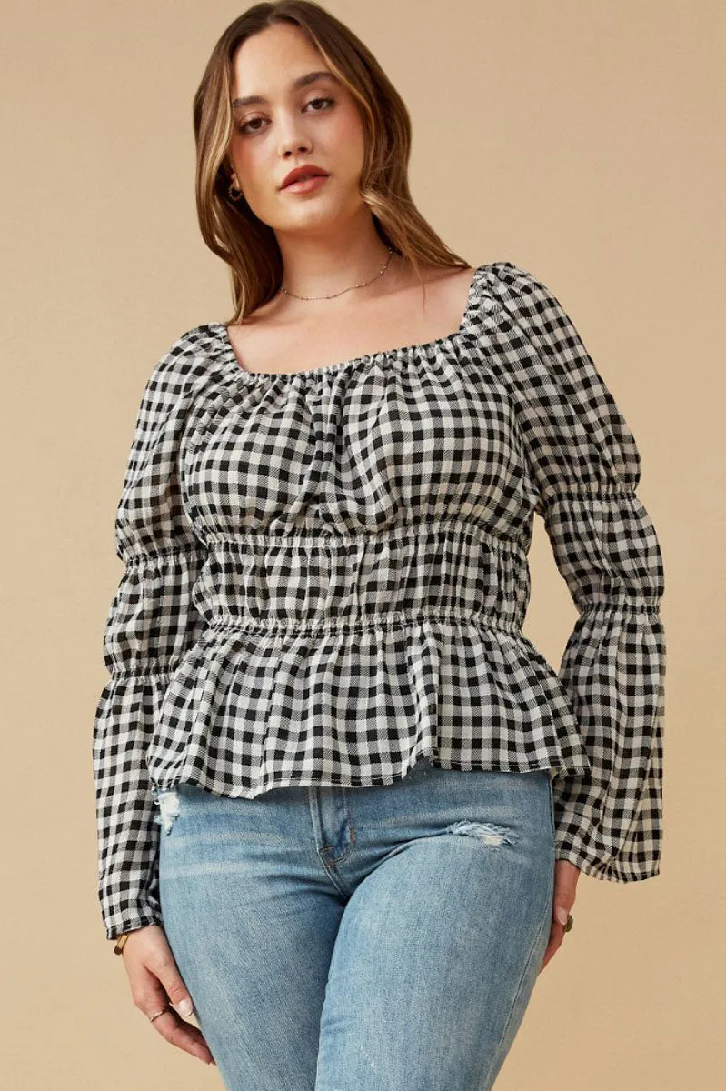 Gingham Peasant Sleeve Square Neck Top SeamFreeShoulder Hybrid Fabric Blend