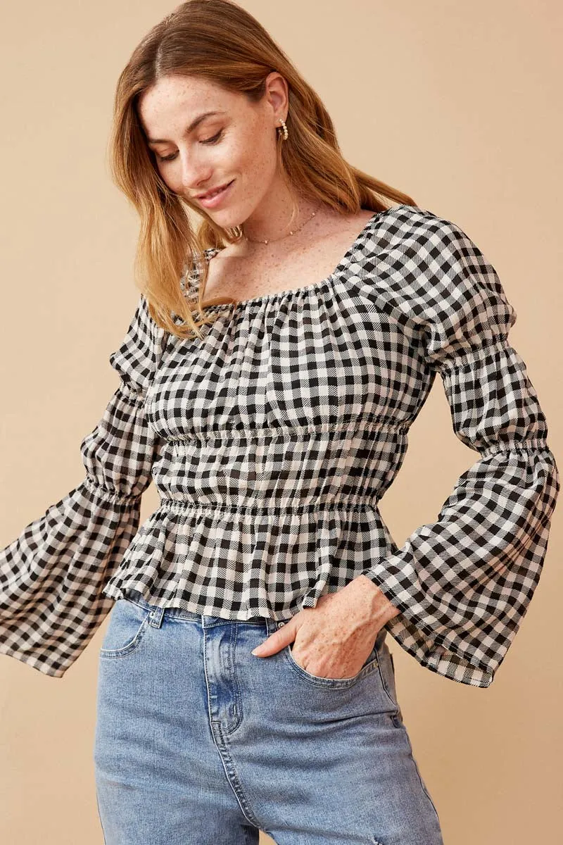 Four Way Stretch Fabric Gingham Peasant Sleeve Square Neck Top